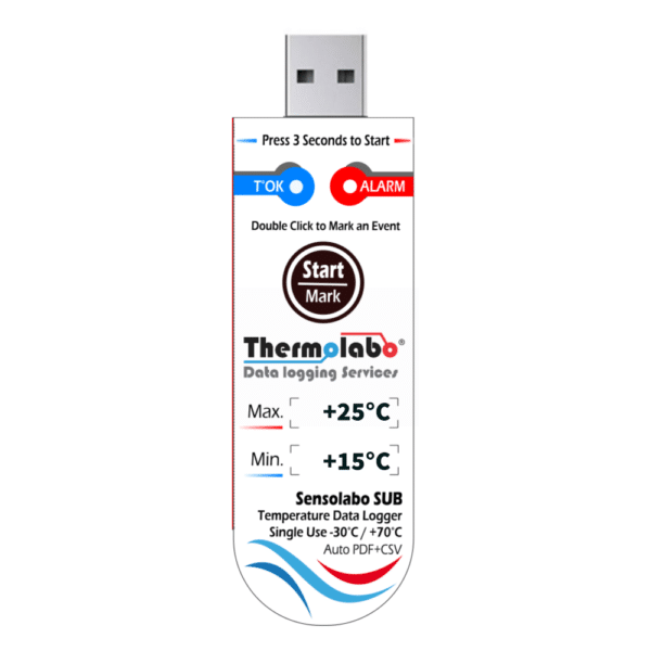 Enregistreur de température USB à usage unique. Compact. Edition des rapports de température PDF + CSV. Enregistrement température longue durée pour la chaîne du froid.