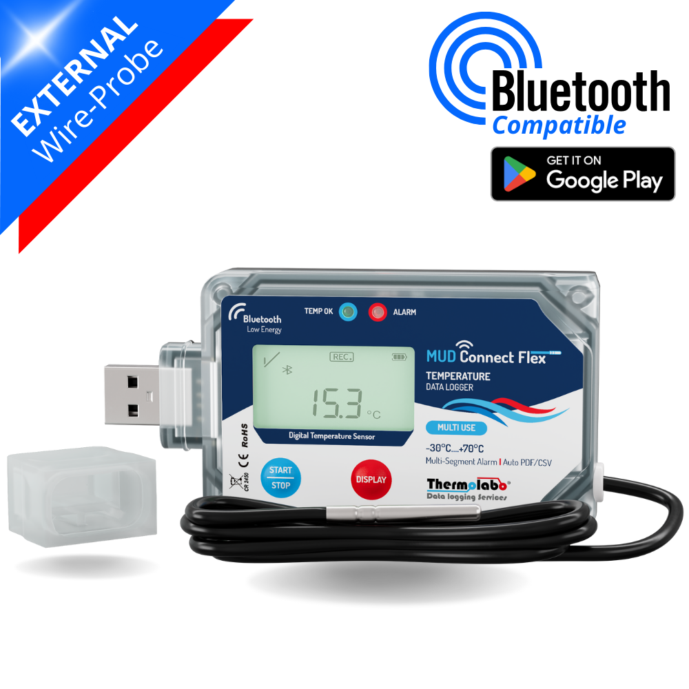 Enregistreur température Bluetooth et USB MUD Connect Flex avec sonde externe – multi-usage – plage -30 à +70°C