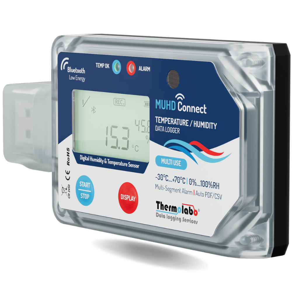 Enregistreur température et humidité USB et Bluetooth MUHD Connect – multi-usage – plage -30 à +70°C et 0 à 100% HR