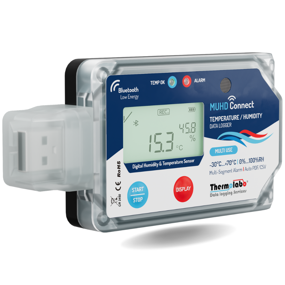 Enregistreur température et humidité USB et Bluetooth MUHD Connect – multi-usage – plage -30 à +70°C et 0 à 100% HR