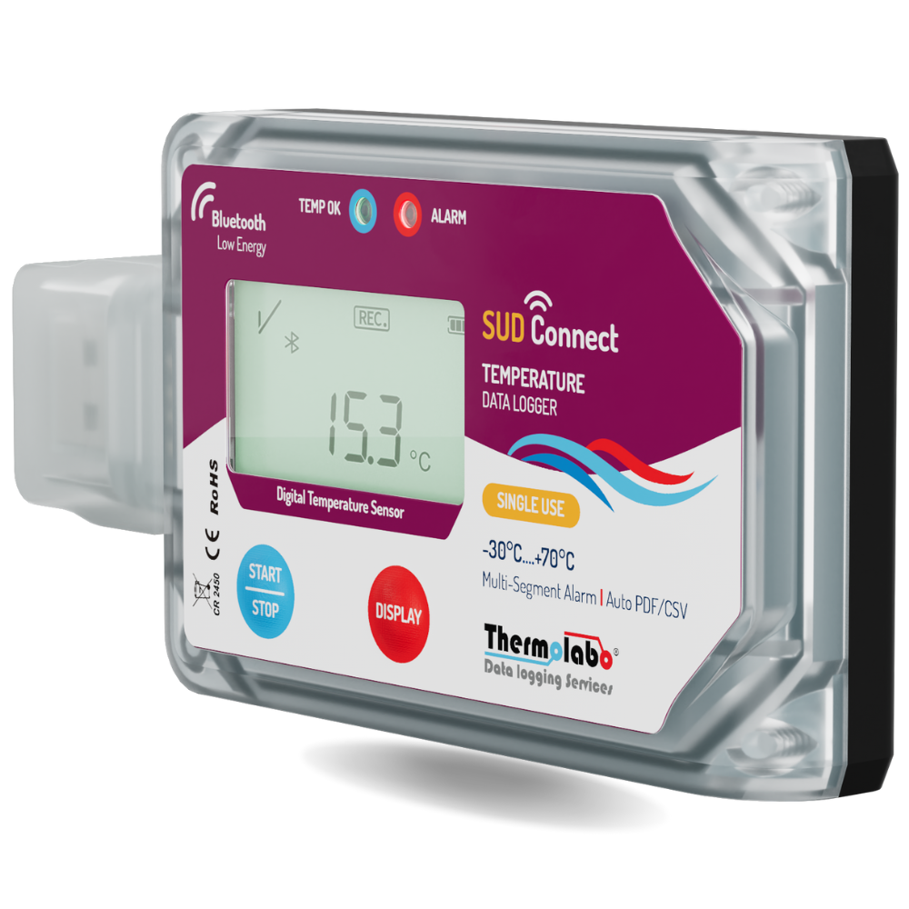 Enregistreur de température Bluetooth SUD Connect – usage unique – 180 jours – export PDF – capteur USB
