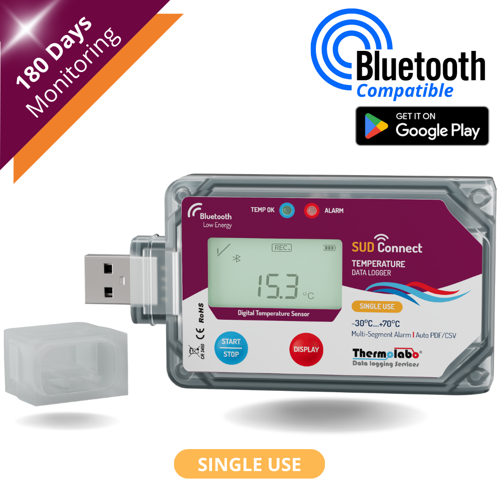 Enregistreur de température Bluetooth SUD Connect – usage unique – 180 jours – export PDF – capteur USB