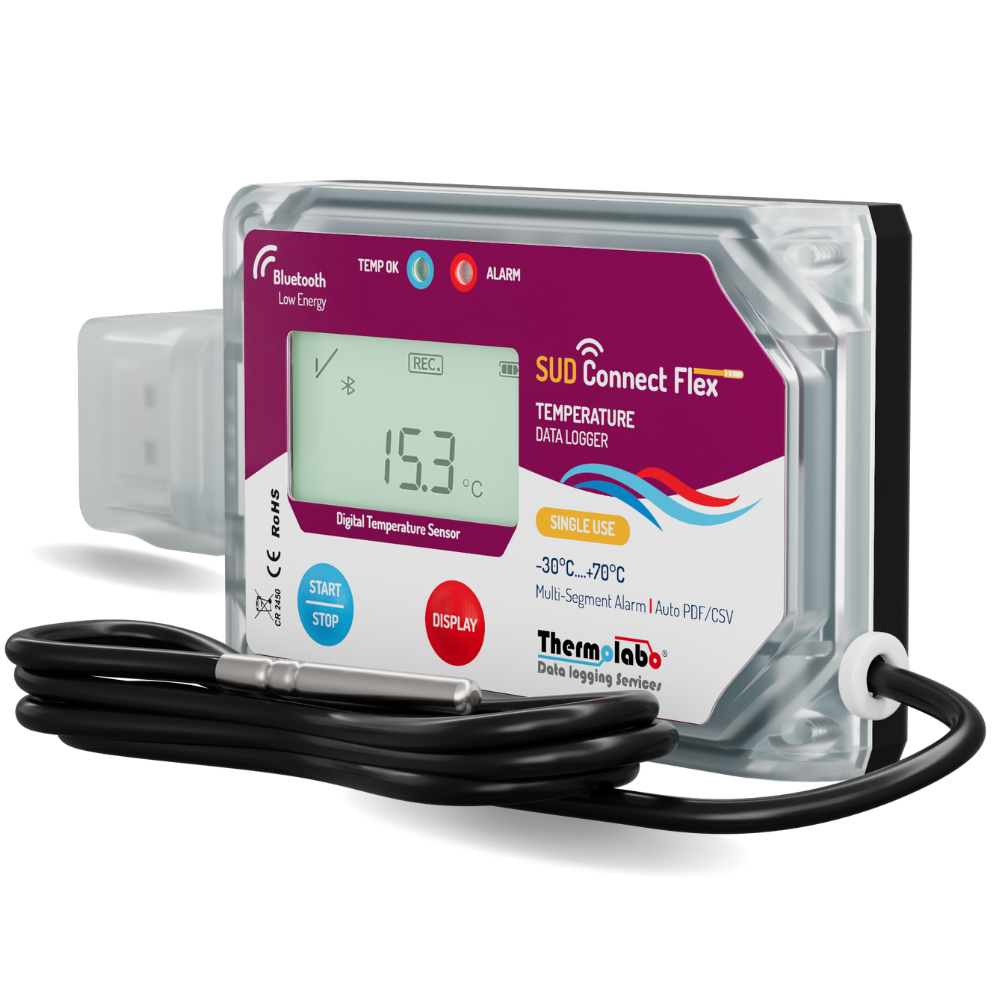 Enregistreur de température SUD Connect Flex – Bluetooth – usage unique – sonde externe – export PDF