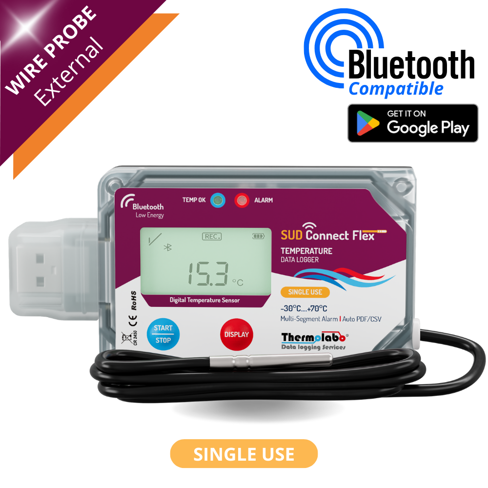 Enregistreur de température SUD Connect Flex – Bluetooth – usage unique – sonde externe – export PDF