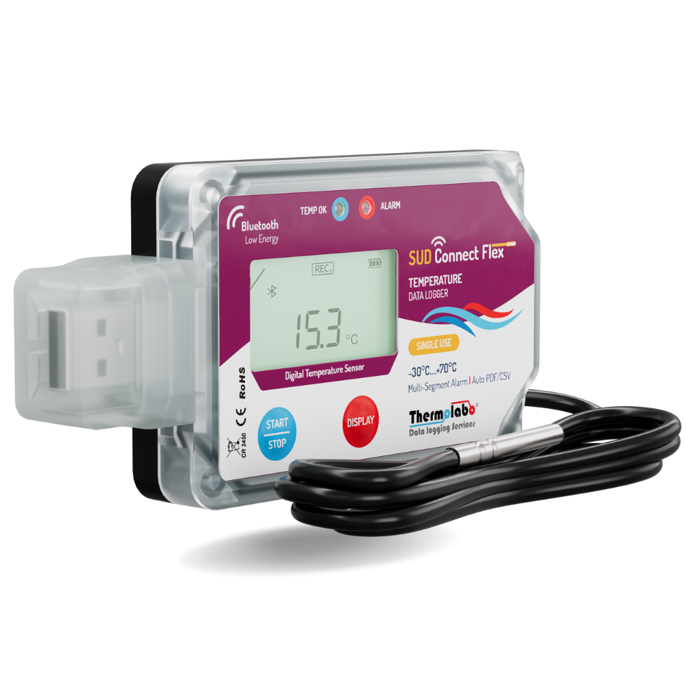 Enregistreur de température SUD Connect Flex – Bluetooth – usage unique – sonde externe – export PDF