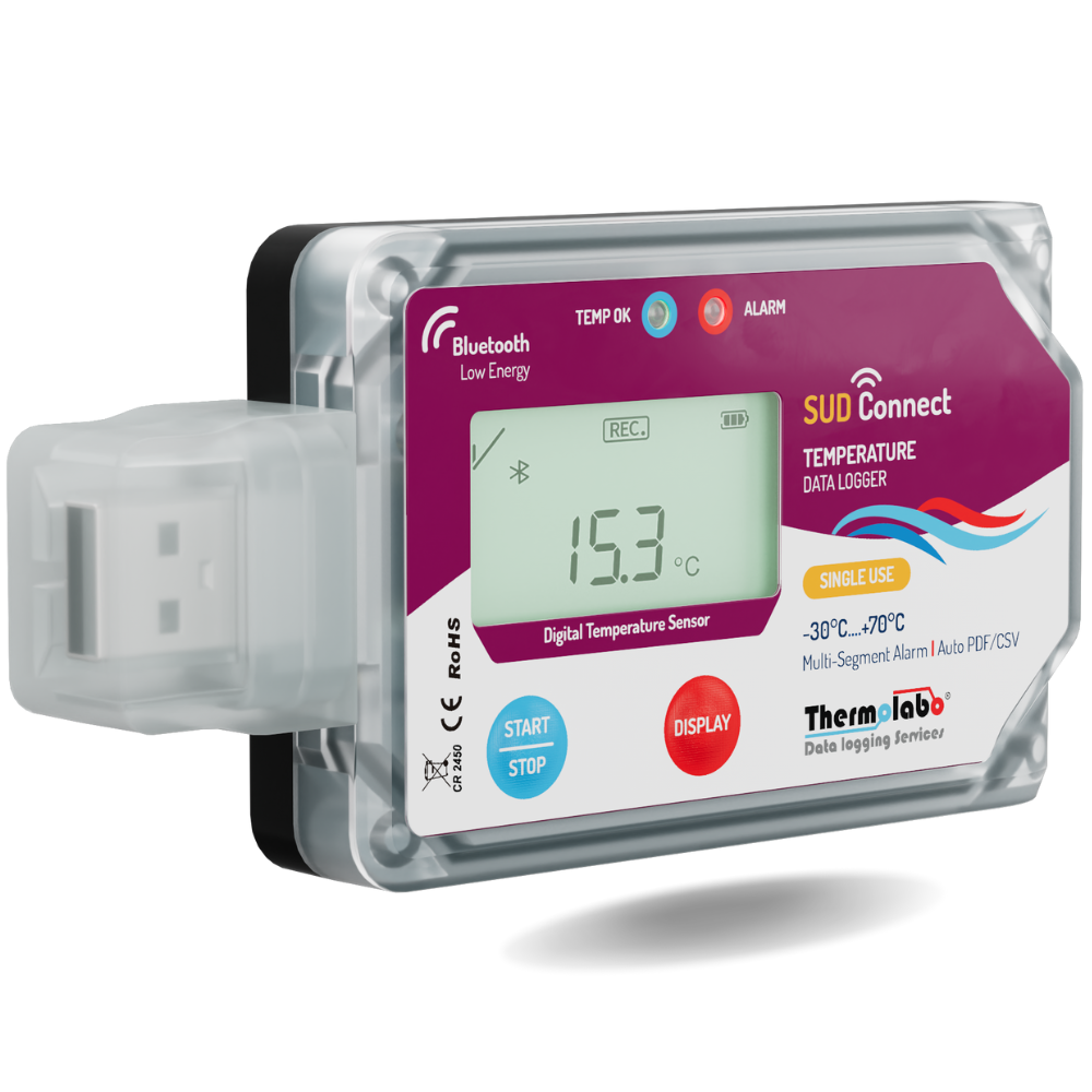 Enregistreur de température Bluetooth SUD Connect – usage unique – 180 jours – export PDF – capteur USB