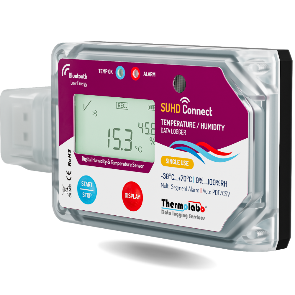 Enregistreur de température et d’humidité Bluetooth SUHD Connect – usage unique, écran LCD, export PDF/CSV