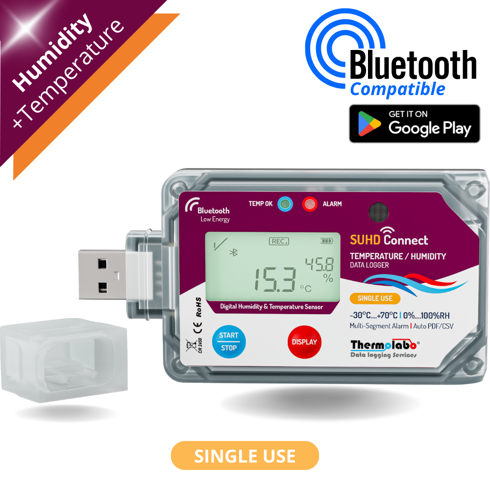 Enregistreur de température USB et Bluetooth - usage unique, sans fil, alarmes