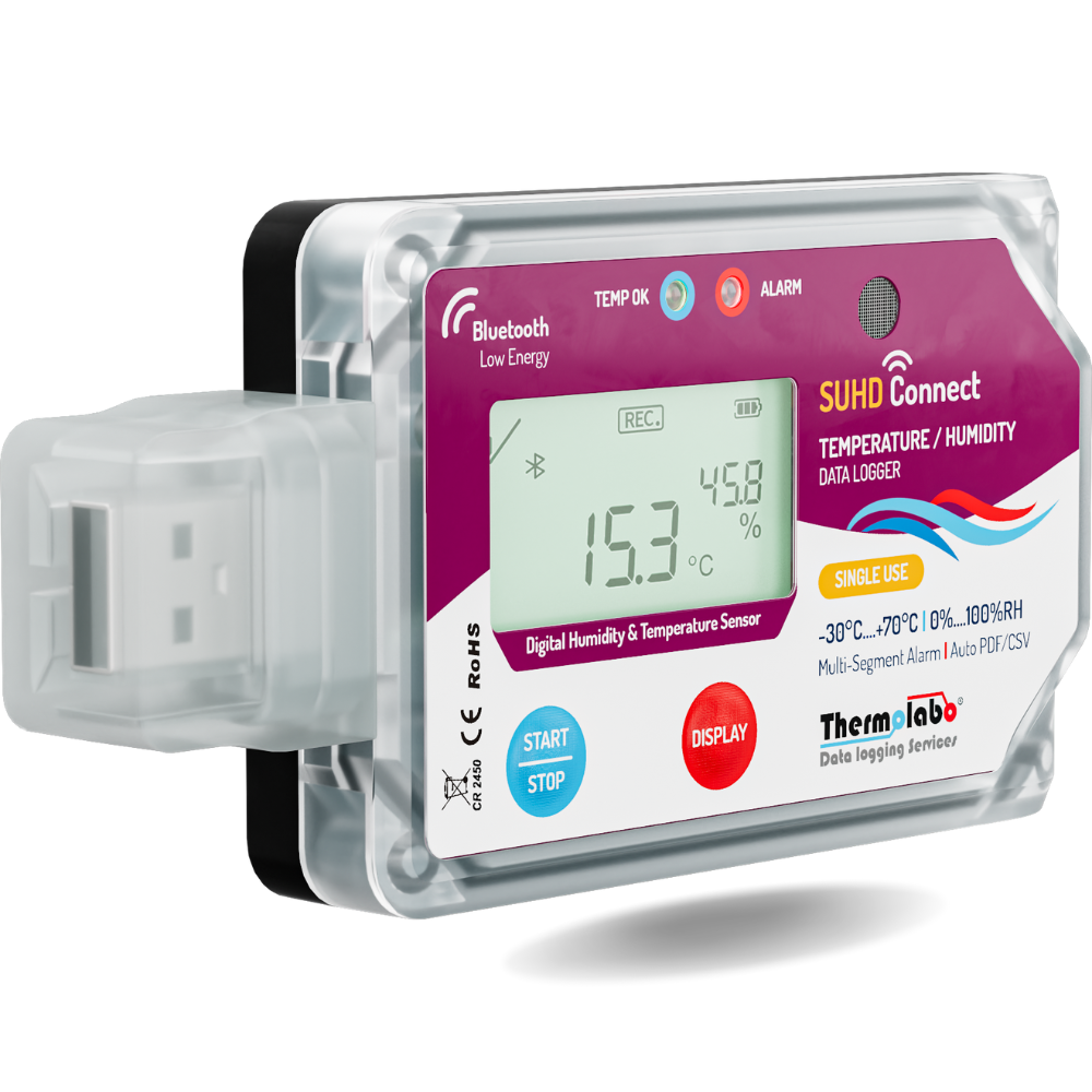Enregistreur de température et d’humidité Bluetooth SUHD Connect – usage unique, écran LCD, export PDF/CSV
